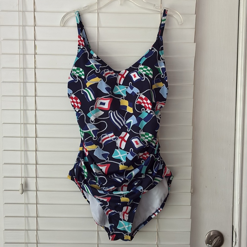 crown & ivy Swimsuit One Piece Nautical Flag Blue Red SZ L Like New! - Picture 7 of 10